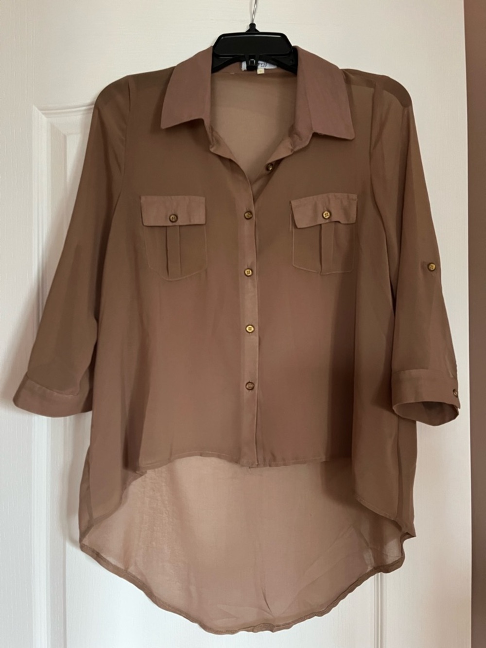 Brown Sheer High-Low Button-Front Blouse